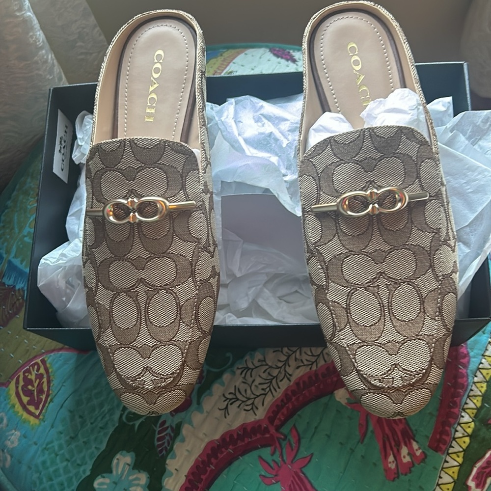 Coach Brown Signature Mules with Gold Accent